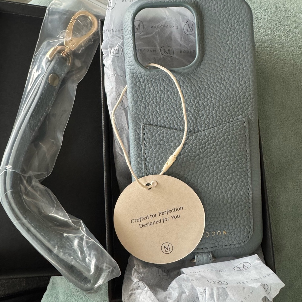 Iphone 15 Pro Max Leather Phone Case with Strap by Macarooon - light blue